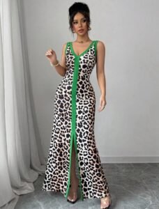 vestido decotado bodycon simétrico com decote em v, alças, fenda frontal sexy e estampa de leopardo para mulheres