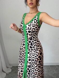vestido decotado bodycon simétrico com decote em v, alças, fenda frontal sexy e estampa de leopardo para mulheres