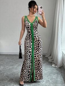 vestido decotado bodycon simétrico com decote em v, alças, fenda frontal sexy e estampa de leopardo para mulheres